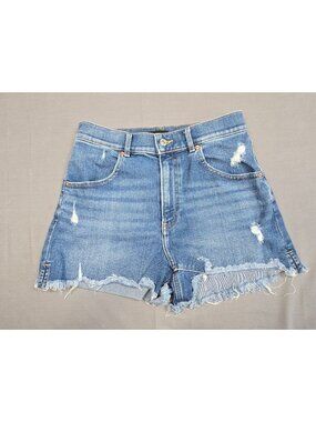 Express Super High Rise Mom Shorts Size 4 Distressed Frayed Hem Denim Blue